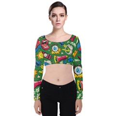 Pop Art Colorful Seamless Pattern Velvet Long Sleeve Crop Top by Amaryn4rt