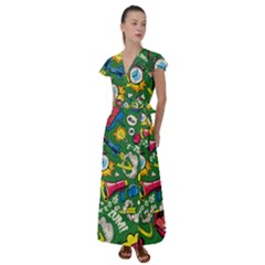 Pop Art Colorful Seamless Pattern Flutter Sleeve Maxi Dress by Amaryn4rt