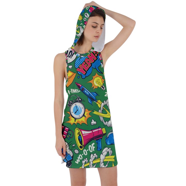 Pop Art Colorful Seamless Pattern Racer Back Hoodie Dress