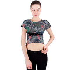 Japanese Wave Koi Illustration Seamless Pattern Crew Neck Crop Top by Amaryn4rt