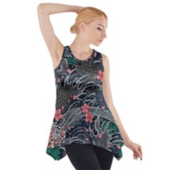 Japanese Wave Koi Illustration Seamless Pattern Side Drop Tank Tunic