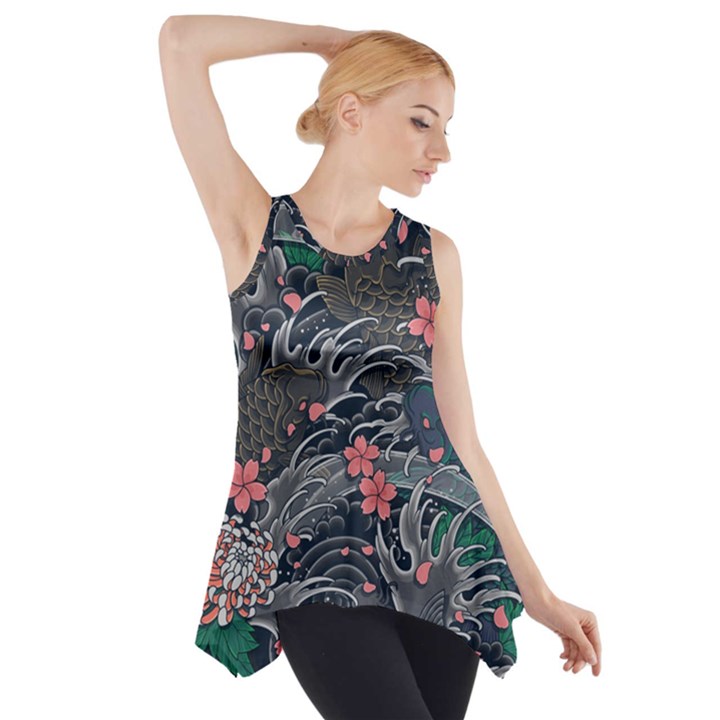 Japanese Wave Koi Illustration Seamless Pattern Side Drop Tank Tunic