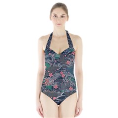 Japanese Wave Koi Illustration Seamless Pattern Halter Swimsuit by Amaryn4rt