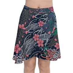 Japanese Wave Koi Illustration Seamless Pattern Chiffon Wrap Front Skirt by Amaryn4rt