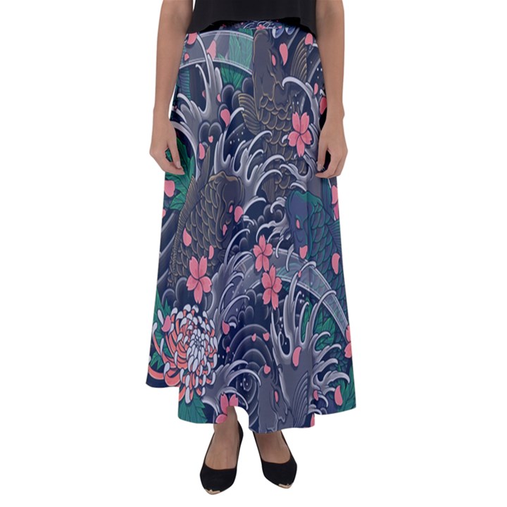 Japanese Wave Koi Illustration Seamless Pattern Flared Maxi Skirt