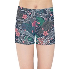 Japanese Wave Koi Illustration Seamless Pattern Kids  Sports Shorts by Amaryn4rt