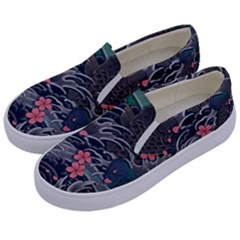 Japanese Wave Koi Illustration Seamless Pattern Kids  Canvas Slip Ons by Amaryn4rt