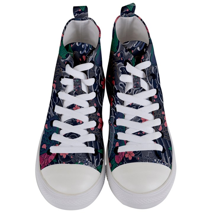 Japanese Wave Koi Illustration Seamless Pattern Women s Mid-Top Canvas Sneakers