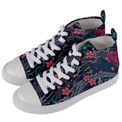 Japanese Wave Koi Illustration Seamless Pattern Women s Mid-top Canvas Sneakers by Amaryn4rt