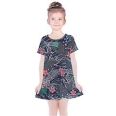 Japanese Wave Koi Illustration Seamless Pattern Kids  Simple Cotton Dress