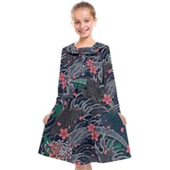 Japanese Wave Koi Illustration Seamless Pattern Kids  Midi Sailor Dress by Amaryn4rt