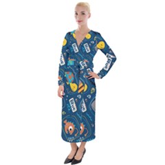 Seamless Pattern Vector Submarine With Sea Animals Cartoon Velvet Maxi Wrap Dress