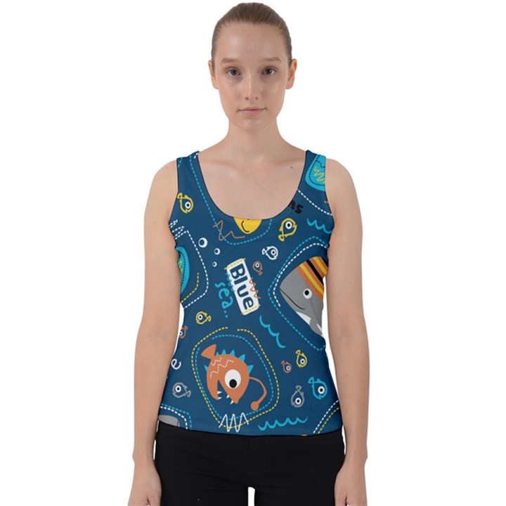 Seamless Pattern Vector Submarine With Sea Animals Cartoon Velvet Tank Top