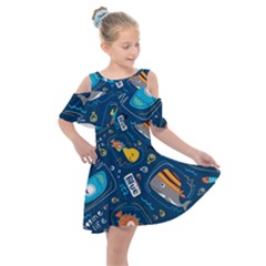 Seamless Pattern Vector Submarine With Sea Animals Cartoon Kids  Shoulder Cutout Chiffon Dress by Amaryn4rt