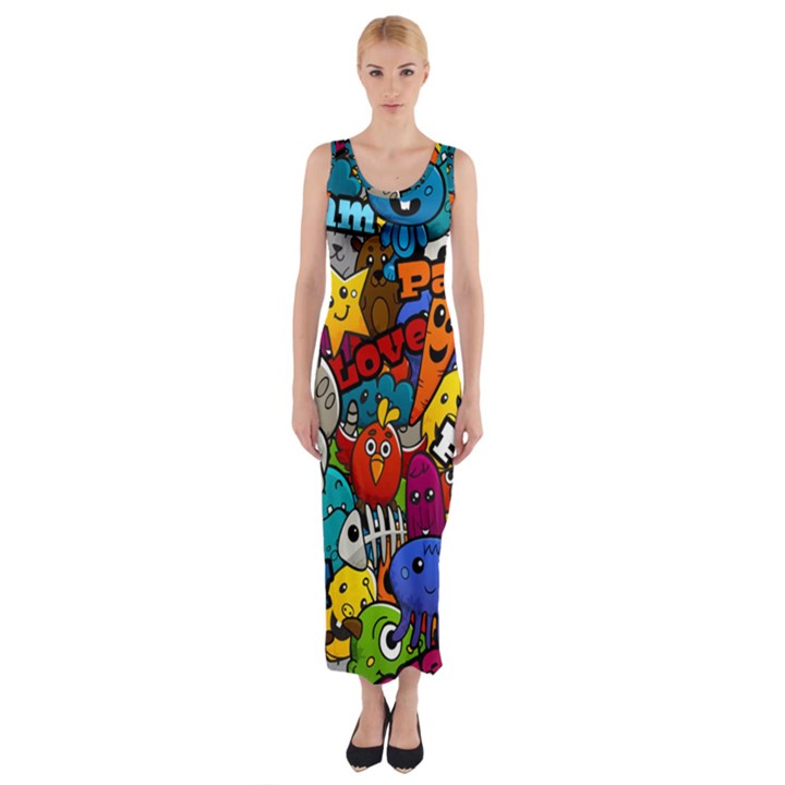 Graffiti Characters Seamless Pattern Fitted Maxi Dress