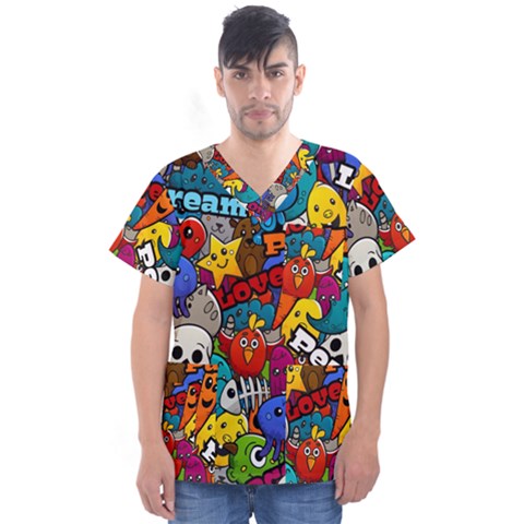 Graffiti Characters Seamless Pattern Men s V-neck Scrub Top by Amaryn4rt