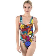 Graffiti Characters Seamless Pattern High Leg Strappy Swimsuit by Amaryn4rt