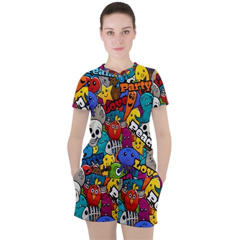 Graffiti Characters Seamless Pattern Women s Tee And Shorts Set by Amaryn4rt