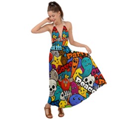 Graffiti Characters Seamless Pattern Backless Maxi Beach Dress