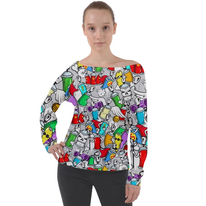 Graffit Characters Seamless Pattern Art Off Shoulder Long Sleeve Velour Top