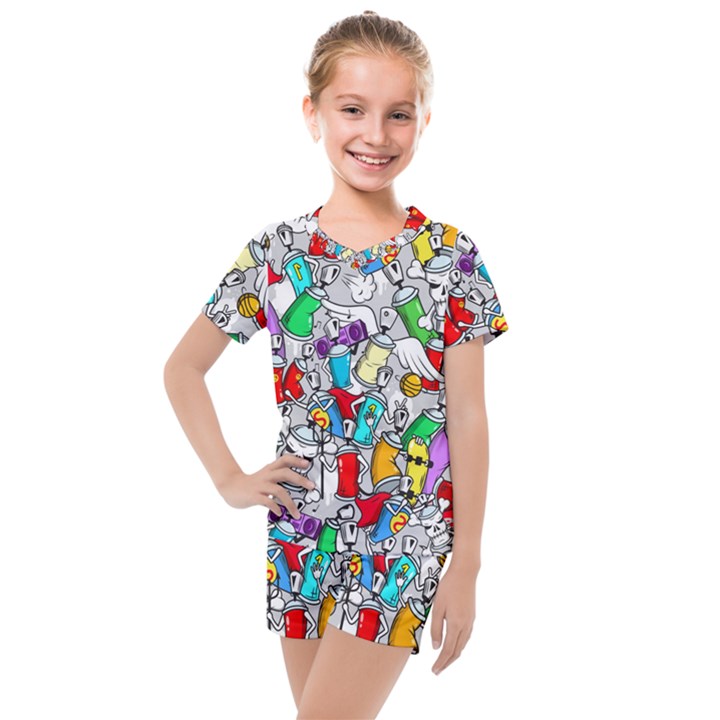 Graffit Characters Seamless Pattern Art Kids  Mesh Tee and Shorts Set