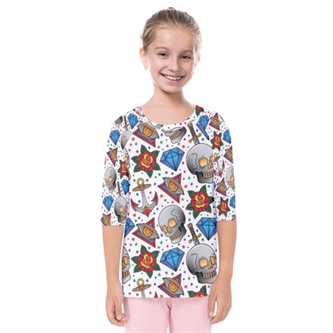 Full Color Flash Tattoo Patterns Kids  Quarter Sleeve Raglan Tee by Amaryn4rt