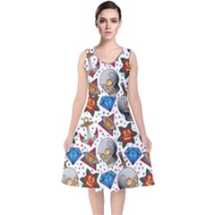 Full Color Flash Tattoo Patterns V-neck Midi Sleeveless Dress  by Amaryn4rt