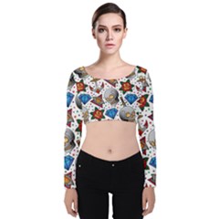 Full Color Flash Tattoo Patterns Velvet Long Sleeve Crop Top by Amaryn4rt