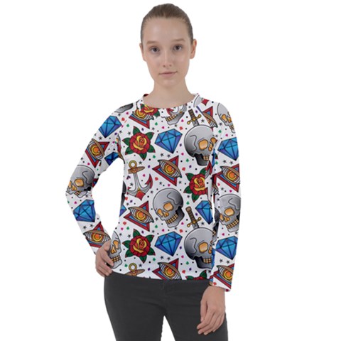 Full Color Flash Tattoo Patterns Women s Long Sleeve Raglan Tee by Amaryn4rt