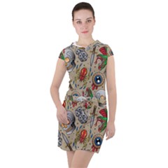 Tattoo Pattern Drawstring Hooded Dress