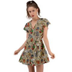 Tattoo Pattern Flutter Sleeve Wrap Dress by Amaryn4rt