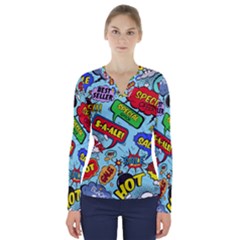 Comic Bubbles Seamless Pattern V-neck Long Sleeve Top by Amaryn4rt