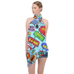 Comic Bubbles Seamless Pattern Halter Asymmetric Satin Top by Amaryn4rt