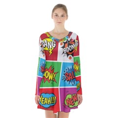 Pop Art Comic Vector Speech Cartoon Bubbles Popart Style With Humor Text Boom Bang Bubbling Expressi Long Sleeve Velvet V-neck Dress by Amaryn4rt