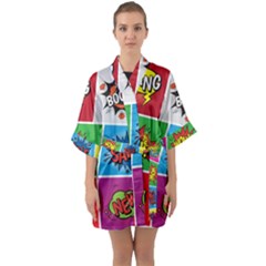 Pop Art Comic Vector Speech Cartoon Bubbles Popart Style With Humor Text Boom Bang Bubbling Expressi Half Sleeve Satin Kimono  by Amaryn4rt