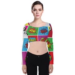 Pop Art Comic Vector Speech Cartoon Bubbles Popart Style With Humor Text Boom Bang Bubbling Expressi Velvet Long Sleeve Crop Top by Amaryn4rt