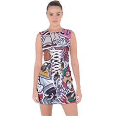 Vintage College Colorful Seamless Pattern Lace Up Front Bodycon Dress by Amaryn4rt