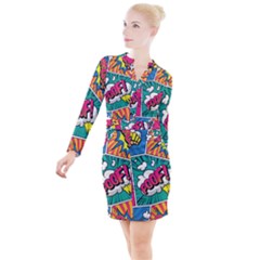 Comic Colorful Seamless Pattern Button Long Sleeve Dress by Amaryn4rt