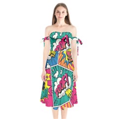 Comic Colorful Seamless Pattern Shoulder Tie Bardot Midi Dress by Amaryn4rt