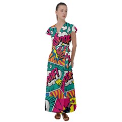 Comic Colorful Seamless Pattern Flutter Sleeve Maxi Dress by Amaryn4rt