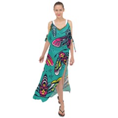 Vintage Colorful Insects Seamless Pattern Maxi Chiffon Cover Up Dress