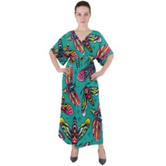 Vintage Colorful Insects Seamless Pattern V-neck Boho Style Maxi Dress by Amaryn4rt