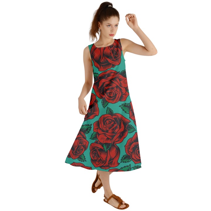 Vintage Floral Colorful Seamless Pattern Summer Maxi Dress