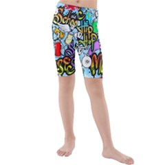 Graffiti Characters Seamless Pattern Kids  Mid Length Swim Shorts