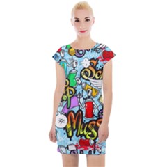 Graffiti Characters Seamless Pattern Cap Sleeve Bodycon Dress