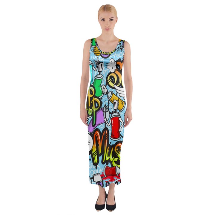 Graffiti Characters Seamless Pattern Fitted Maxi Dress