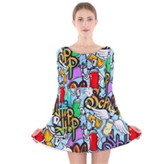 Graffiti Characters Seamless Pattern Long Sleeve Velvet Skater Dress