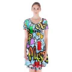 Graffiti Characters Seamless Pattern Short Sleeve V-neck Flare Dress