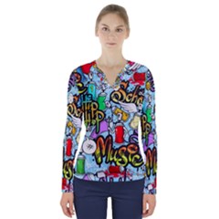 Graffiti Characters Seamless Pattern V-Neck Long Sleeve Top