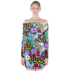 Graffiti Characters Seamless Pattern Long Sleeve Off Shoulder Dress